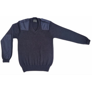 Navy blue wool sweater with contrasting sleeves and epauletts on a white background