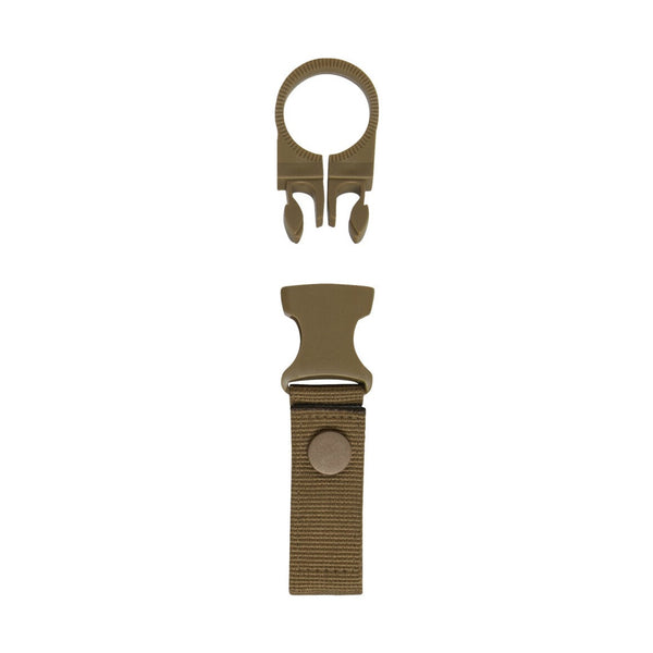 Brown clip with a strap on a white background.  Rothco. Colin Carr Agencies, authorised Rothco dealers New Zealand, Fiji, Tonga, Samoa, Vanuatu, Australia, Cook Islands. Police, Milititary, Defence
