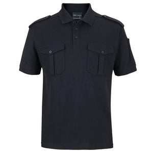 Front image of a black polo shirt with Epaulettes