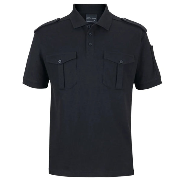 Front image of a black polo shirt with Epaulettes