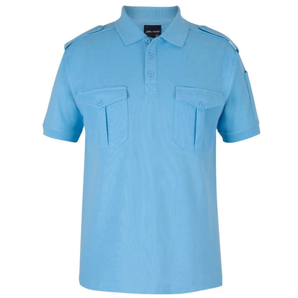 Front image of a light blue polo shirt with Epaulettes