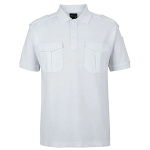 Front image of a white polo shirt with Epaulettes
