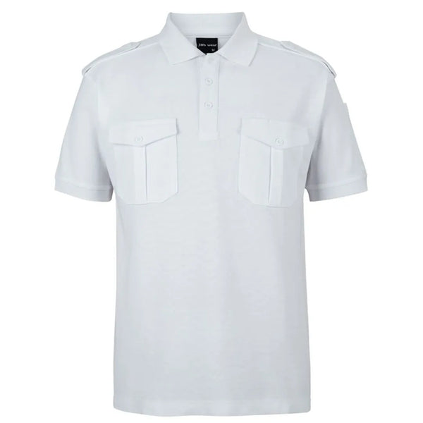 Front image of a white polo shirt with Epaulettes