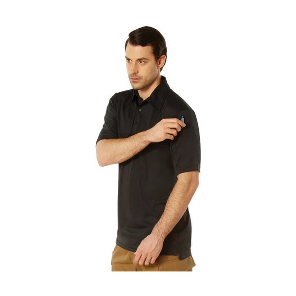 Man wearing a black polo shirt with a small logo on a white background. Moisture Wicking. South Pacific.
Rothco. Colin Carr Agencies. Military, Police, Parade gloves.
