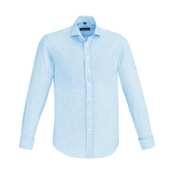 Wide striped long sleeved, mens shirt with a collar and french cuffs