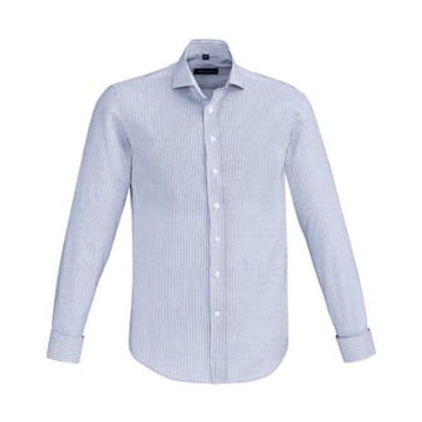 Wide striped long sleeved, mens shirt with a collar and french cuffs
