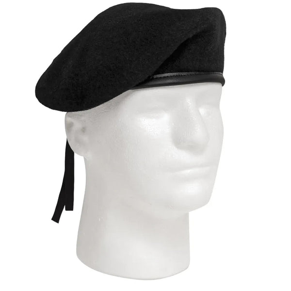 Black beret on a mannequin head against a white background. Rothco. Colin Carr Agencies.