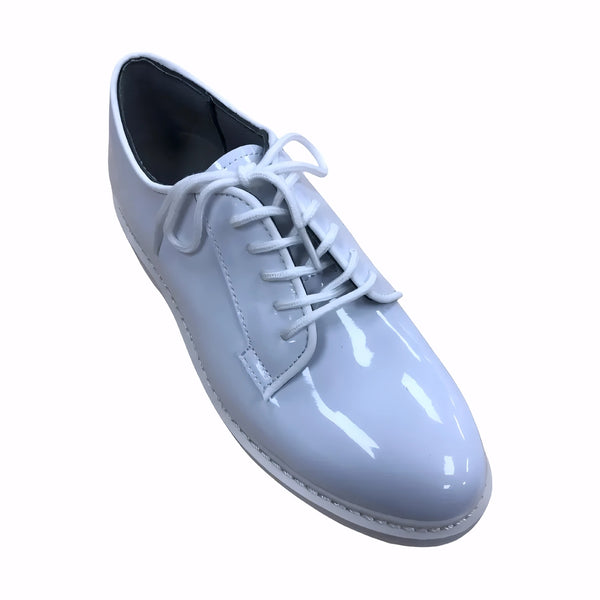 Shiny white ceremonial shoe on a white background. Hi GlossOxford Dress Shoe White Gloss Rothco Welted.