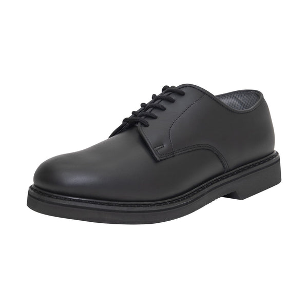 Black leather oxford dress shoe on a white background.  Rothco. Colin Carr Agencies, authorised Rothco dealers New Zealand, Fiji, Tonga, Samoa, Vanuatu, Australia, Cook Islands. Police, Milititary, Defence.
Matt Finish. Leather. 