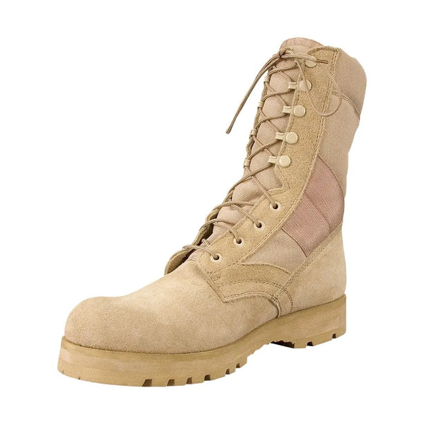 Tan tactical boot with lace-up design on a white background.  Rothco. Colin Carr Agencies, authorised Rothco dealers New Zealand, Fiji, Tonga, Samoa, Vanuatu, Australia, Cook Islands. Police, Milititary, Defence.