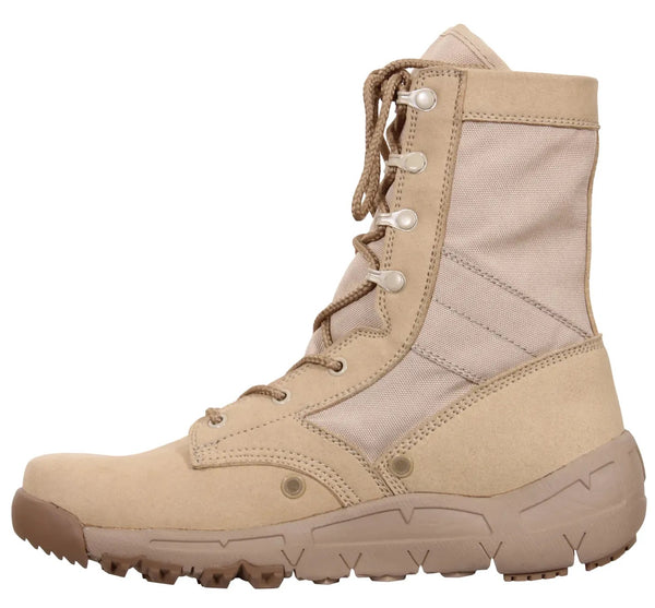 Tan tactical boot on a white background.  Rothco. Colin Carr Agencies, authorised Rothco dealers New Zealand, Fiji, Tonga, Samoa, Vanuatu, Australia, Cook Islands. Police, Milititary, Defence.