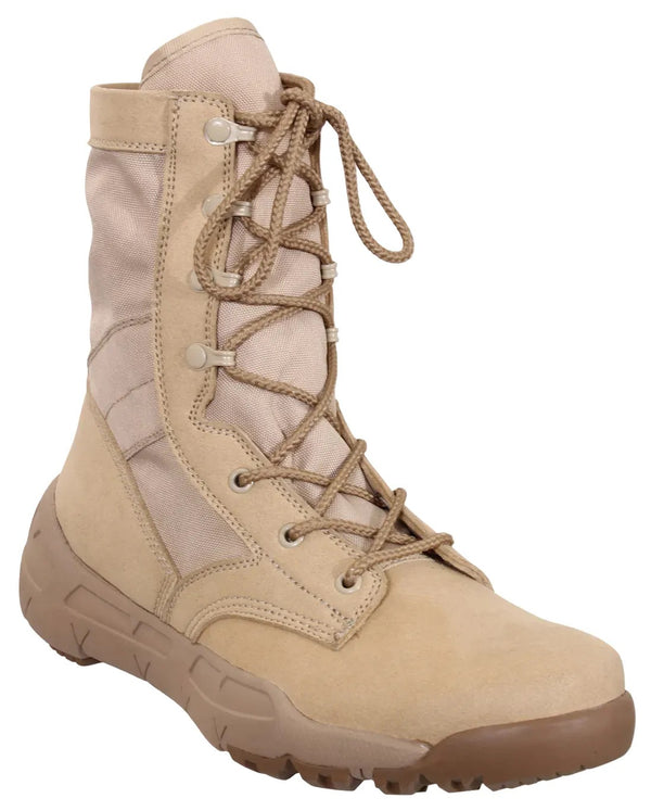 Tan tactical boot with laces on a white background.  Rothco. Colin Carr Agencies, authorised Rothco dealers New Zealand, Fiji, Tonga, Samoa, Vanuatu, Australia, Cook Islands. Police, Milititary, Defence.