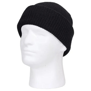 Black knit beanie on a white mannequin head against a white background.  Rothco. Colin Carr Agencies, authorised Rothco dealers New Zealand, Fiji, Tonga, Samoa, Cook Islands.