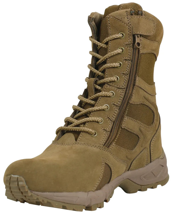 Tan tactical boot with laces and a zipper on a white background.  Rothco. Colin Carr Agencies, authorised Rothco dealers New Zealand, Fiji, Tonga, Samoa, Vanuatu, Australia, Cook Islands. Police, Milititary, Defence.