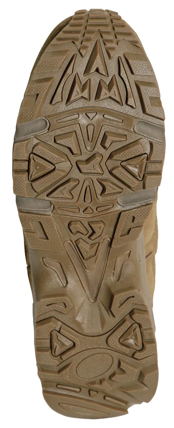 Close-up of a brown shoe sole with tread pattern on a white background.  Rothco. Colin Carr Agencies, authorised Rothco dealers New Zealand, Fiji, Tonga, Samoa, Vanuatu, Australia, Cook Islands. Police, Milititary, Defence.