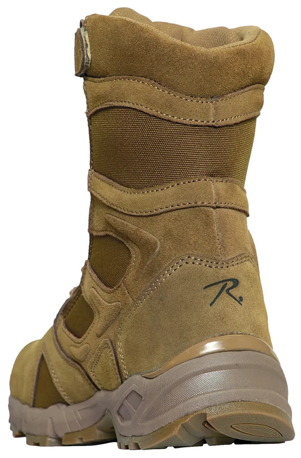 Tan boot with visible brand Rothco logo on a white background.  Rothco. Colin Carr Agencies, authorised Rothco dealers New Zealand, Fiji, Tonga, Samoa, Vanuatu, Australia, Cook Islands. Police, Milititary, Defence.