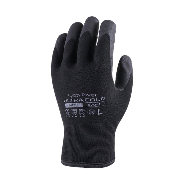 UltraCold black thermal rubber gloves with reinforced grey textured grip surface suitable for cold-weather or refrigeration or freezer work, certified to EN 388, EN 511 and EN 407 international safety standards