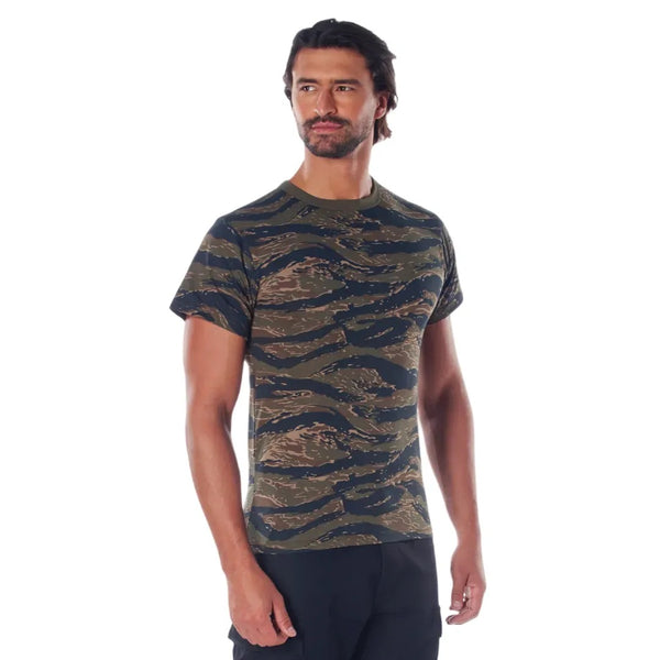 Man wearing a camouflage t-shirt on a white background. Camo. South Pacific.
Rothco. Colin Carr Agencies. Military, Police, Parade gloves.