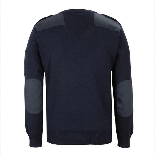 The rear of a Navy sweater with shoulder pads and epaulletes on a white background