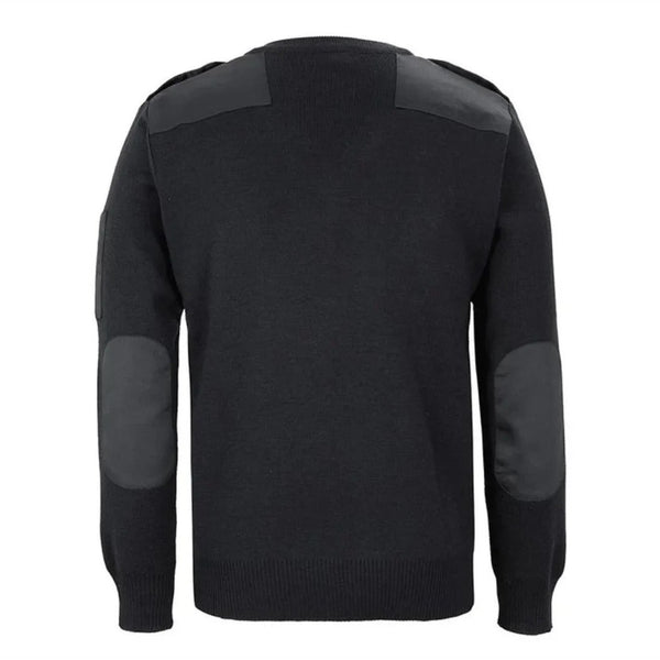 The rear of a Black sweater with shoulder pads and epaulletes on a white background