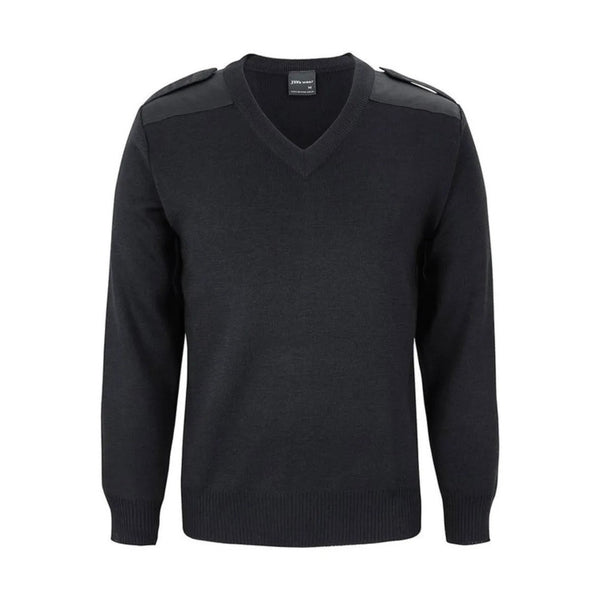 Black sweater with shoulder pads and epaulletes on a white background