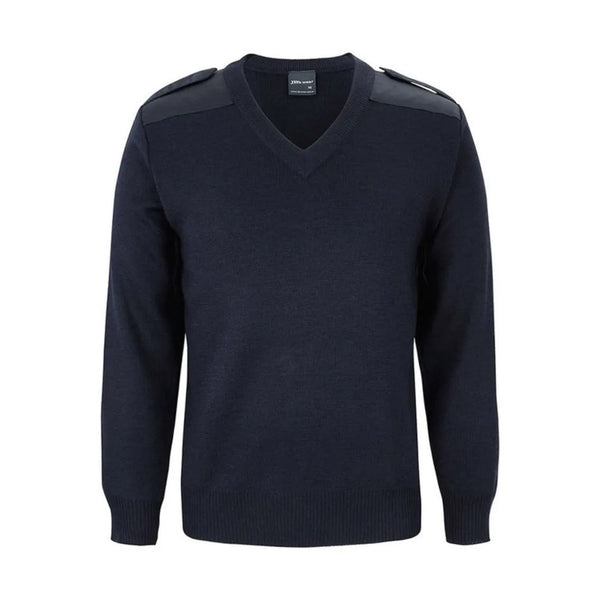 Navy sweater with shoulder pads and epaulletes on a white background