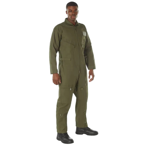 Person wearing a green flight suit on a white background.  Rothco. Colin Carr Agencies, authorised Rothco dealers New Zealand, Fiji, Tonga, Samoa, Vanuatu, Australia, Cook Islands. Police, Milititary, Defence.