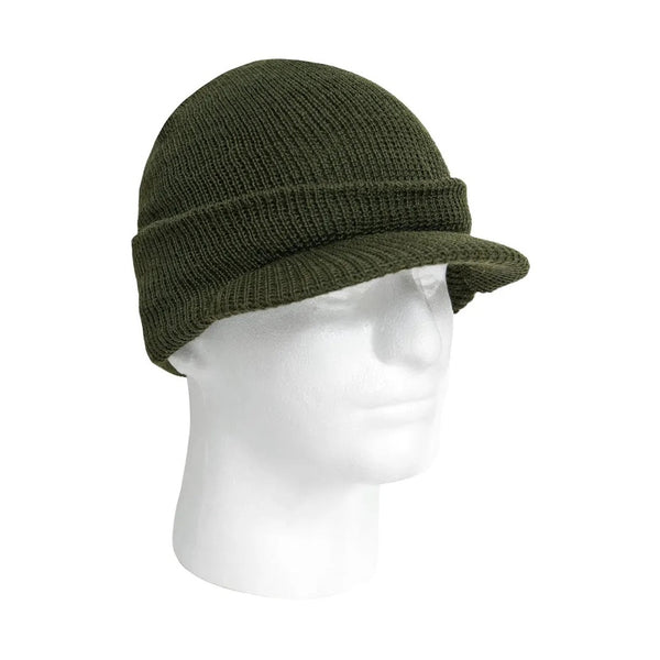 Green knit beanie with a visor on a mannequin head against a white background.  Rothco. Colin Carr Agencies, authorised Rothco dealers New Zealand, Fiji, Tonga, Samoa, Cook Islands.