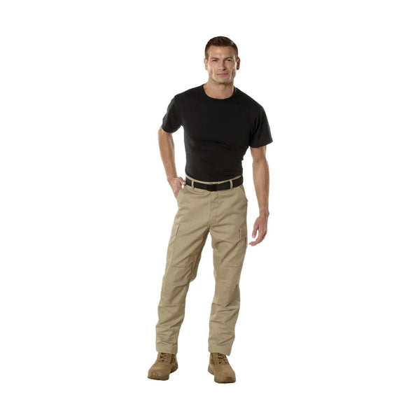Man wearing a black t-shirt and beige pants on a white background. .  Rothco. Colin Carr Agencies, authorised Rothco dealers New Zealand, Fiji, Tonga, Samoa, Vanuatu, Australia, Cook Islands. Police, Milititary, Defence.
