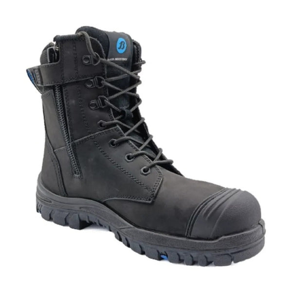 Black Bata Defender Zip safety boot with side zip access, steel toe protection, and slip-resistant sole shown in side profile