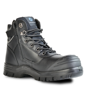 Bata Safety Boots, black wide-fit leather look with zip and lace closure, certified protection for Pacific & Australasian worksites