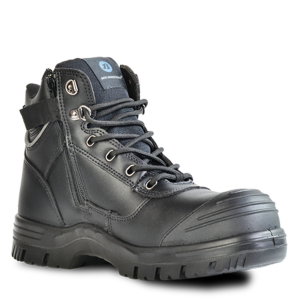 Bata Safety Boots, black wide-fit leather look with zip and lace closure, certified protection for Pacific & Australasian worksites