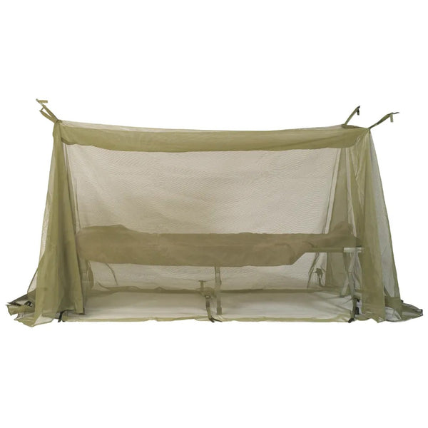 Olive green mosquito net over a bed on a white background.  Rothco. Colin Carr Agencies, authorised Rothco dealers New Zealand, Fiji, Tonga, Samoa, Vanuatu, Australia, Cook Islands. Police, Milititary, Defence.