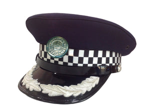 A customised police hat supplied by Colin Carr Agencies, including embroidered details and custom badge with logo