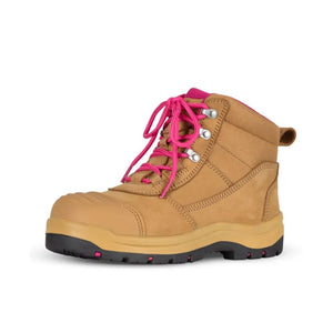 Wheat work safety boot with pink laces and pink inner on a white background.