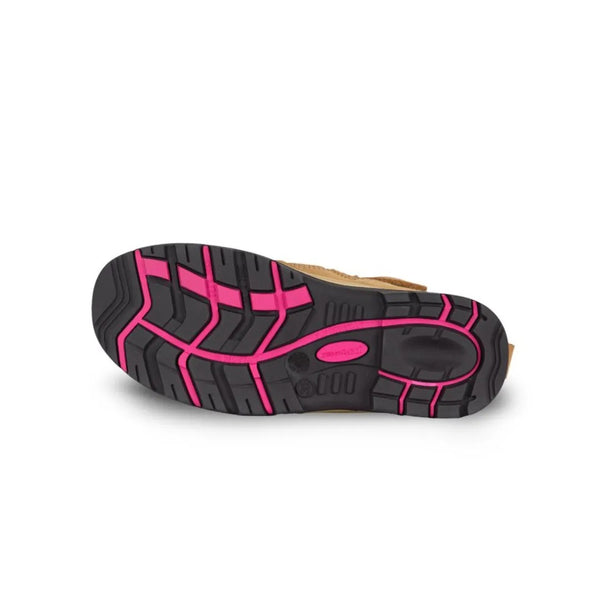 Close-up of a shoe sole with black and pink tread pattern on a white background