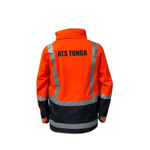 Back of the Orange and Navy safety jacket with reflective stripes on a white background with ATS Tonga branding