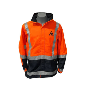 Front of the Orange and Navy safety jacket with reflective stripes on a white background with ATS Tonga branding