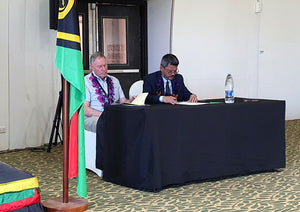 Colin Carr in Vanuatu working with local businesses at a trade meeting to supply custom uniform, safety footwear, specialist machinery and equipment to the South Pacific