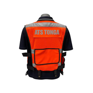 Rear of a customisable Orange safety vest on a mannequin, branded ATS Tonga with a white background