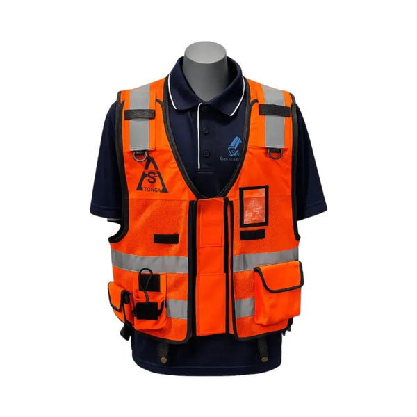 Front of a customisable Orange safety vest on a mannequin, branded ATS Tonga with a white background