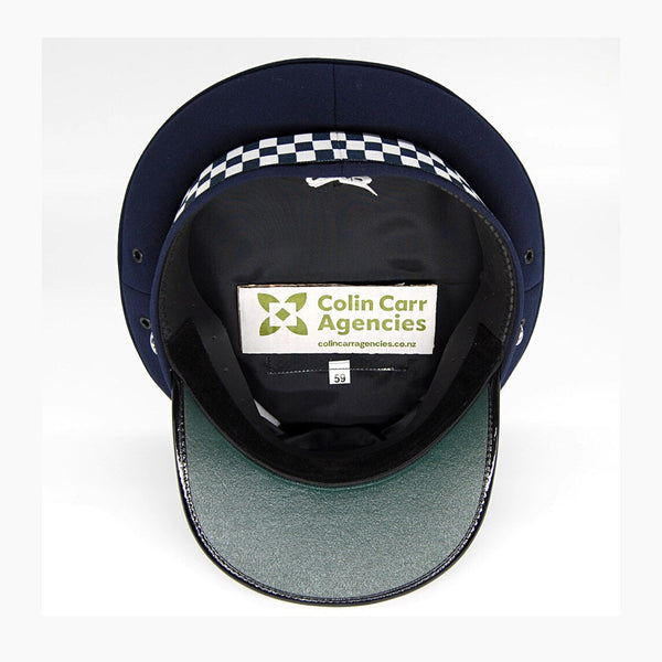 Uniform Cap – Custom made - Navy White 3 Row Dicing with Single Row Silver Fern Leaves Cap Peak