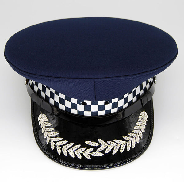 Uniform Cap – Custom made - Navy White 3 Row Dicing with Single Row Silver Fern Leaves Cap Peak
