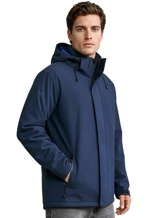 Man wearing a blue jacket with a hood on a white background  Colin Carr Agencies uniform specialist. Colin Carr Agencies – Spécialiste des uniformes professionnels