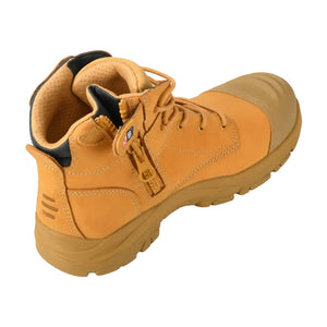 A tan and brown suede safety boot with a lace-up front and a side zipper, shown from a three-quarters angle on a white background.