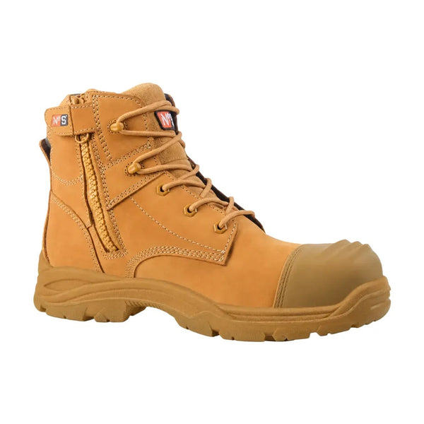 A tan work boot with a side zipper, lace-up front, and a protective toe cap, shown against a plain white background.