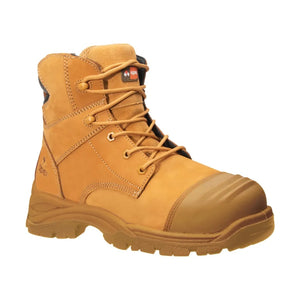 A tan suede and synthetic leather lace-up work boot with a protective toe cap and rugged sole, shown from a three-quarters angle on a white background.