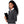 Woman in a gray blazer holding a black folder on a white background