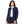 Woman wearing a navy blue jacket over a white shirt on a white background