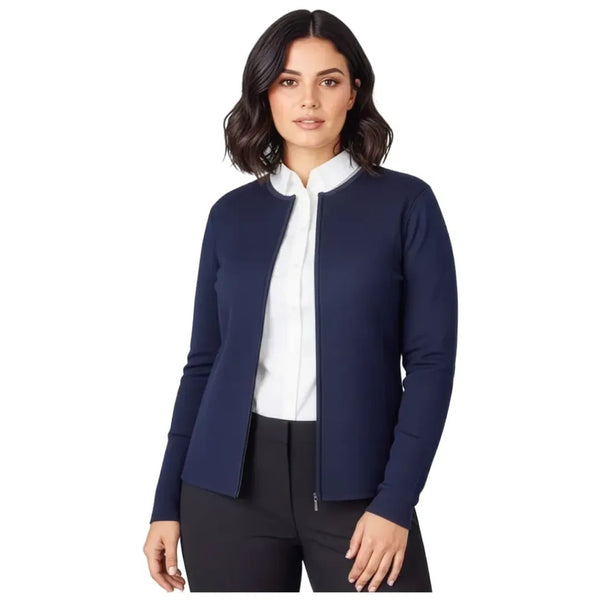 Woman wearing a navy blue jacket over a white shirt on a white background
